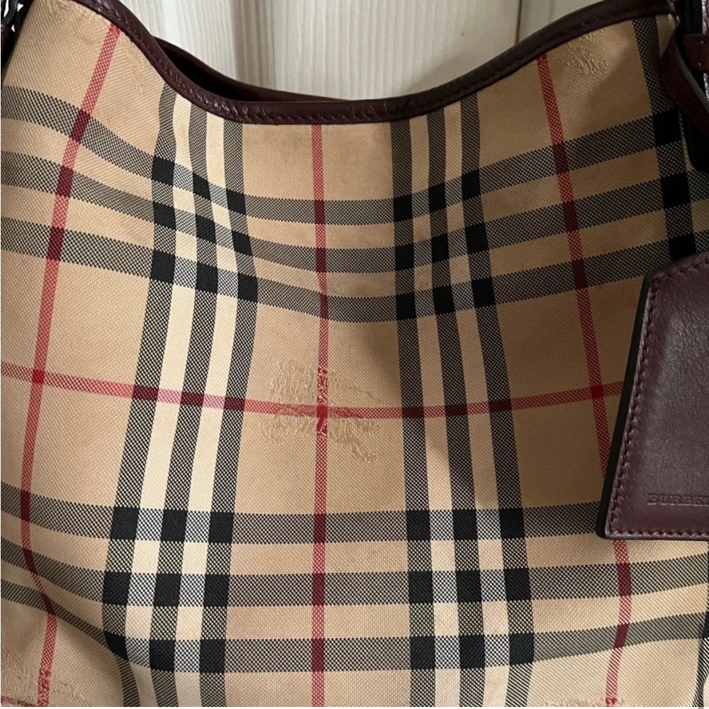 Burberry Vintage House Check Tote Bag Burgundy Leather - Picture 9 of 11
